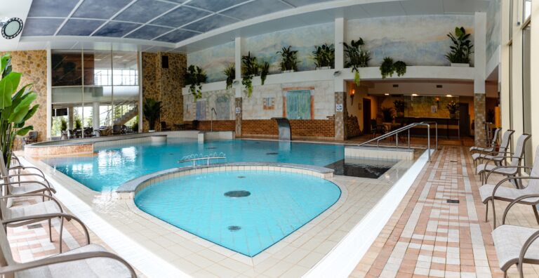 Toila Spa water centre: a round pool, loungers and green plants, panorama