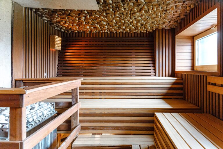 A sauna room at Toila Spa: tiered timber benches, the stove and a decorative ceiling