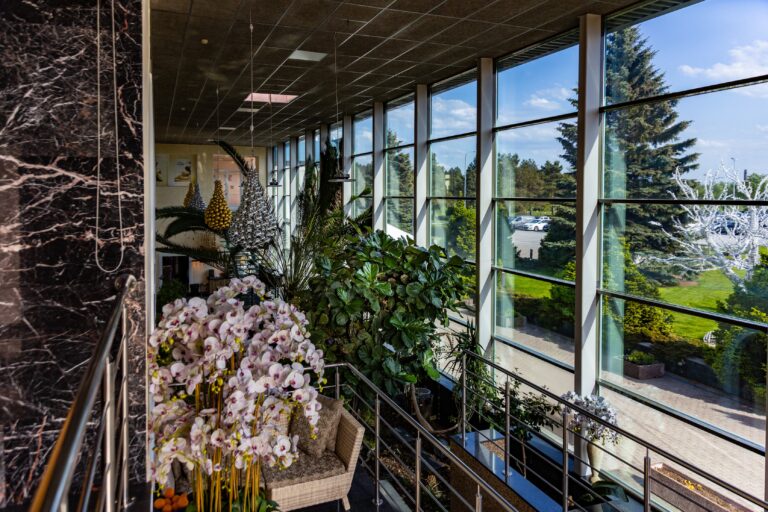Upper level of the Toila Spa winter garden: orchids, green plants and a glass wall onto the grounds