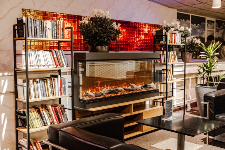 A lounge corner at Toila Spa: a fireplace, bookshelves, a leather sofa and house plants